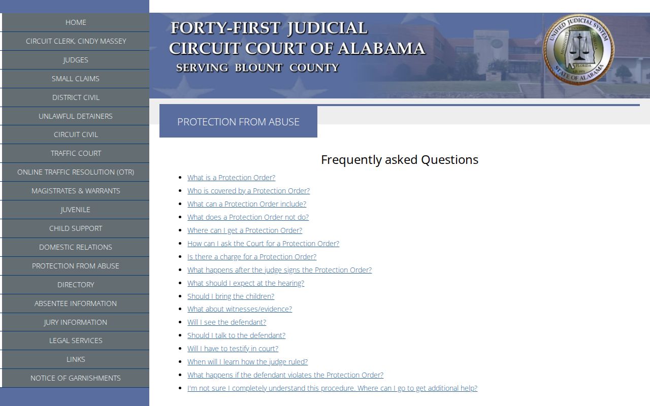 Blount County court calendar information for protection from abuse hearings